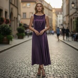BHLDN Alice Satin Midi Dress Purple Plum Sleeveless V-Back Wedding Formal XS